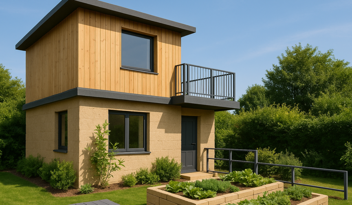 Modern eco house with lush garden,eco friendly building materials for houses