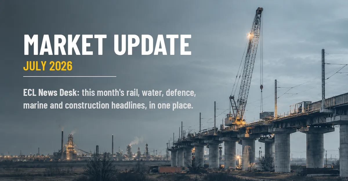 July 2026 UK infrastructure market update featuring a railway bridge under construction, industrial steelworks and major UK construction projects.