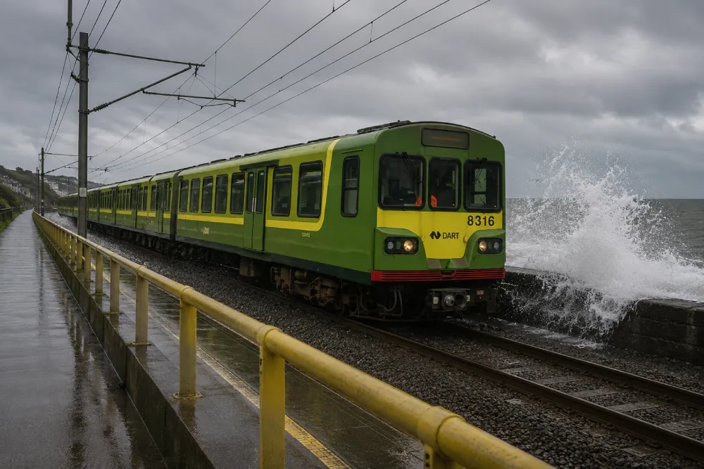 DART electric train travelling along the coastal railway in Dublin during stormy weather, highlighting Ireland's expanding electrified rail infrastructure.
