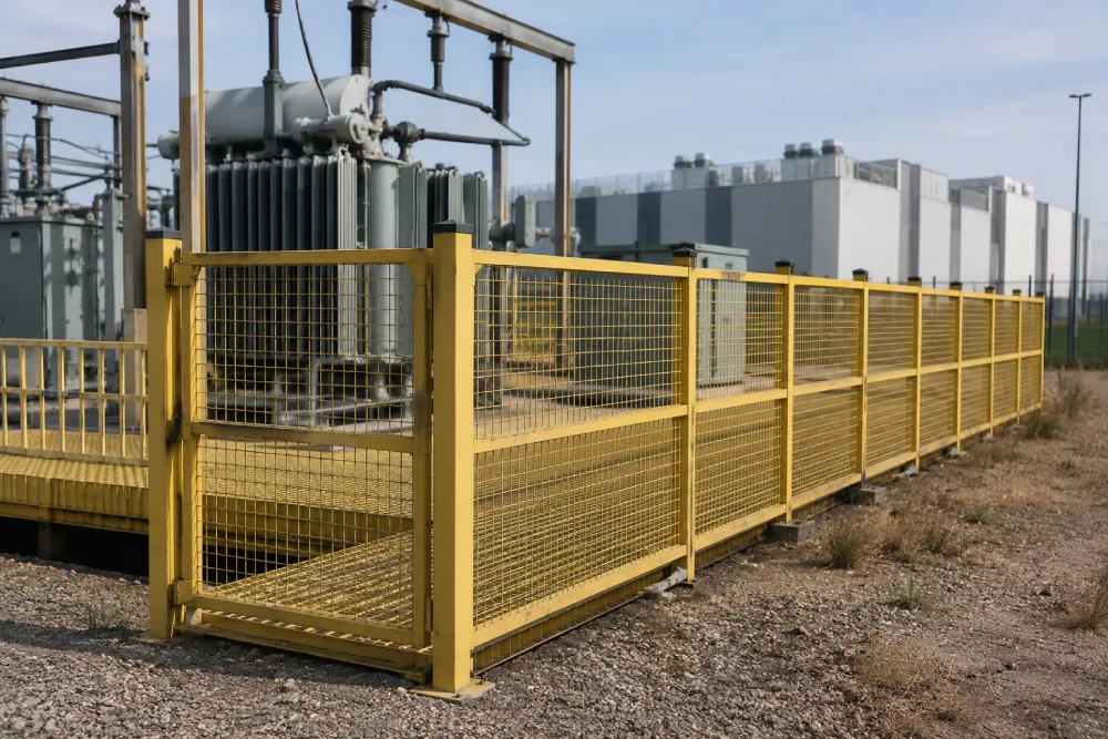 FRP security fencing surrounding an electrical substation at a data centre, providing safe and non-conductive perimeter protection.