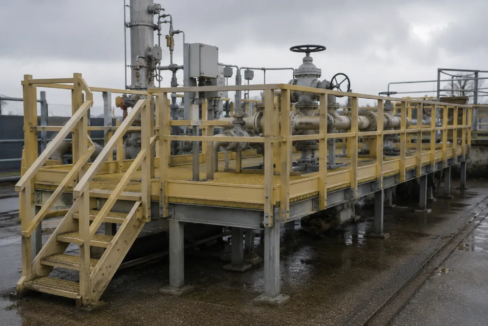 GRP access platform and handrails installed around a hydrogen pipeline valve station, providing safe non-sparking and non-conductive access.
