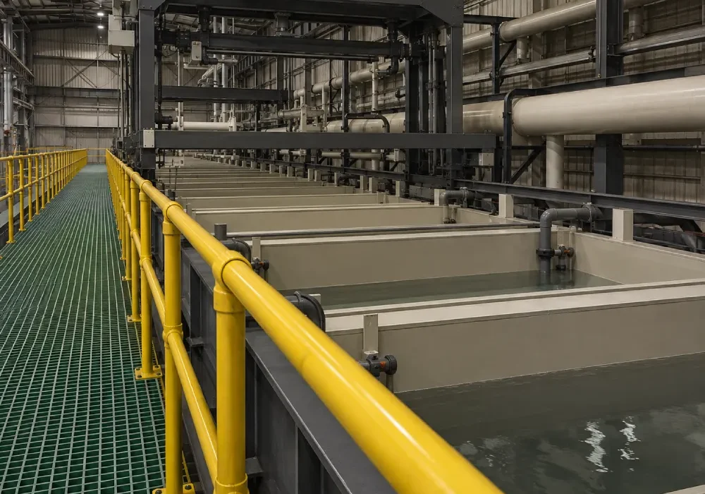 A GRP modular handrail and access platform running the length of a process tank line, providing non-conductive, corrosion-resistant guarding at the tank edge.
